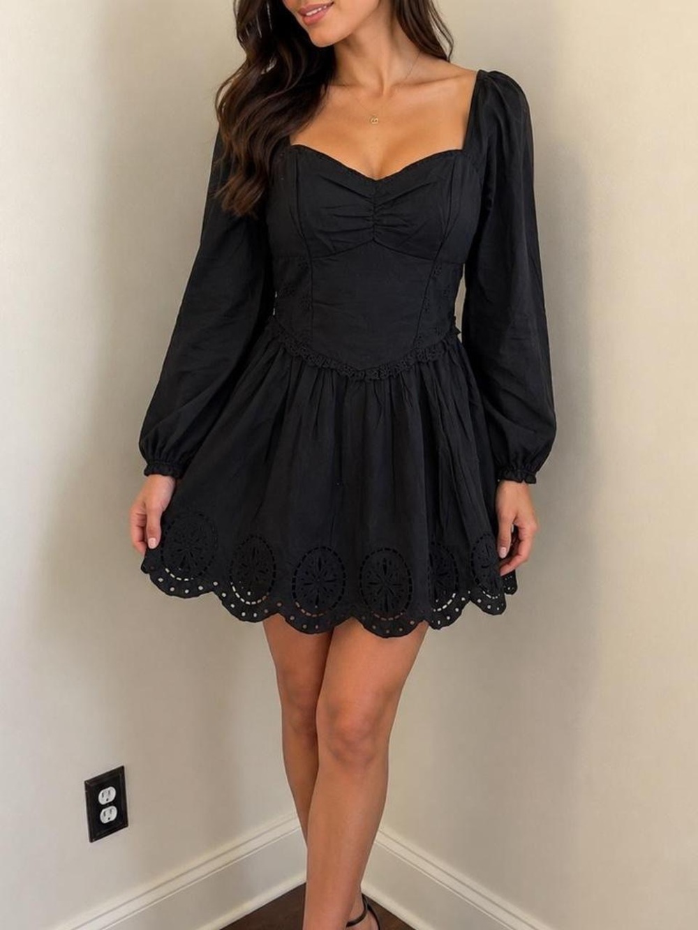New American Eagle Outfitters Black Long Sleeve Eyelet Mini Dress